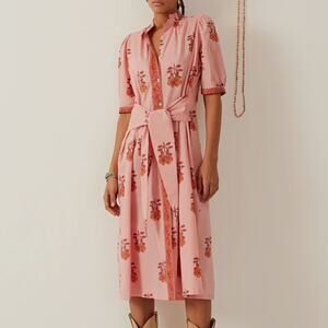 Alix of Bohemia Remi Peony Midi Dress Pink 100% Cotton Button Waist Tie L